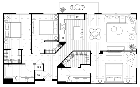 A black and white floor plan of an apartment with a living room, kitchen, and two bedrooms.
